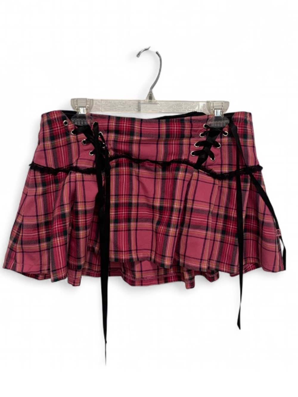 Tripp NYC Pink Plaid Lace-Up Goth Mini Skirt